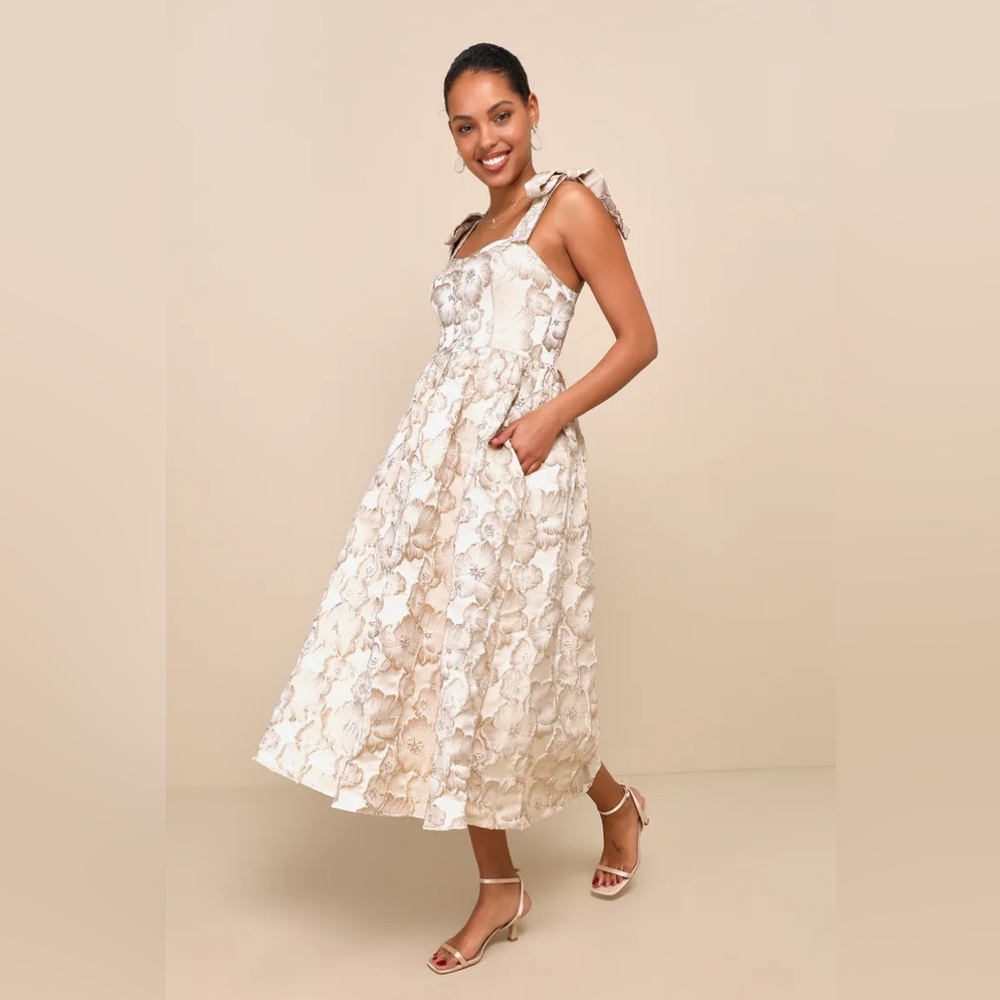 Lulu’s Unique Beauty Cream Floral Tie-Strap Midi Dress With Pockets - Picture 2 of 4
